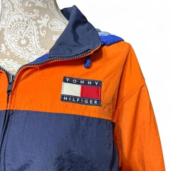 90s Vintage Tommy Hilfiger Colorblock Blue and Orange Windbreaker Streetwear - Picture 2 of 8